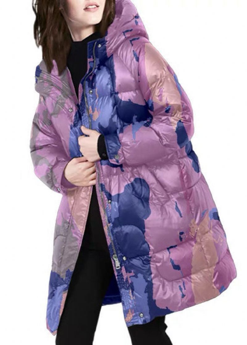 Stil Lilla Hooded Print Tykke Andedun Puffers Frakker Vinter - Dame dunjakker