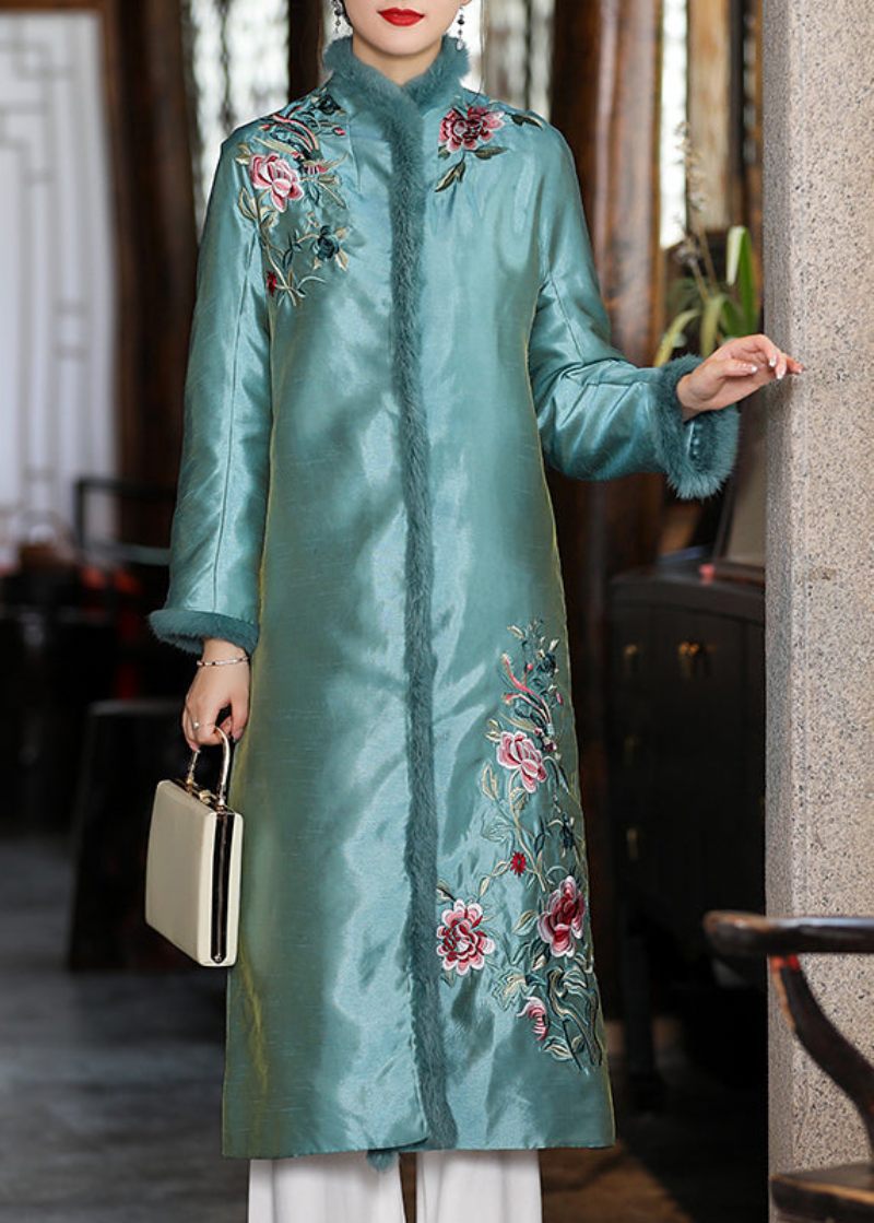 Stilfuld Abrikos Imiteret Pelskrave Broderet Blomster Tykt Satin Cheongsam Lange Ærmer - Abrikos