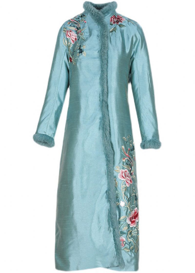 Stilfuld Abrikos Imiteret Pelskrave Broderet Blomster Tykt Satin Cheongsam Lange Ærmer - Abrikos