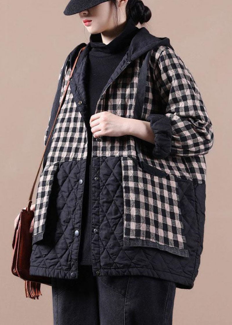 Unik Sort Plaid Oversize Fine Parka Hættetrøjer Outwear Vinterjakke - Sort