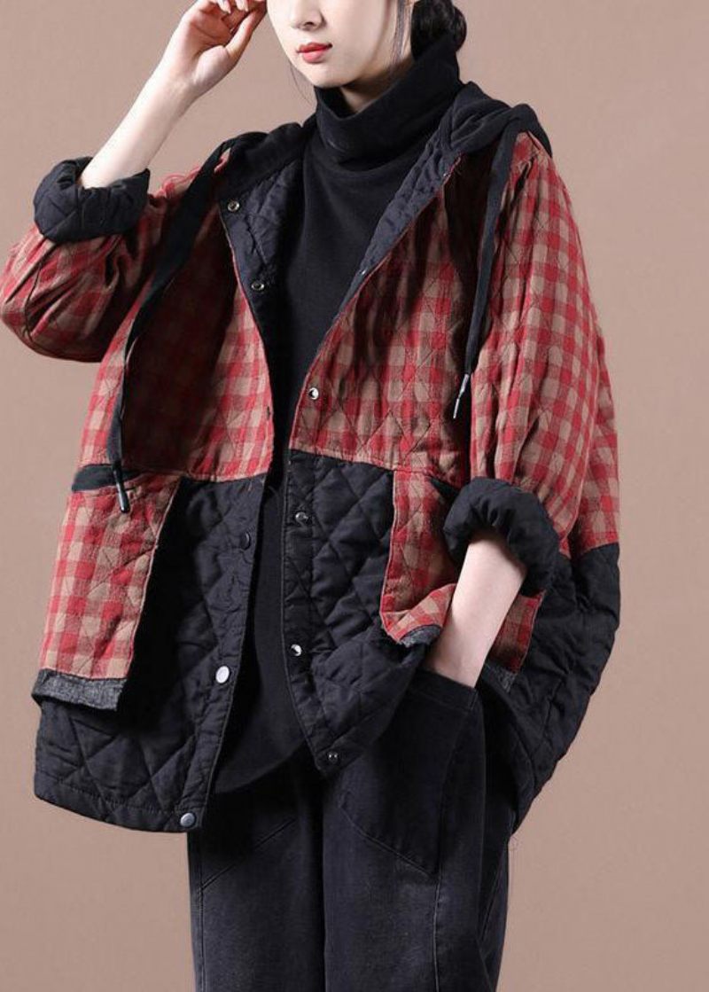 Unik Sort Plaid Oversize Fine Parka Hættetrøjer Outwear Vinterjakke - Sort