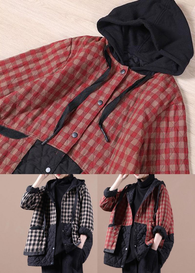 Unik Sort Plaid Oversize Fine Parka Hættetrøjer Outwear Vinterjakke - Sort