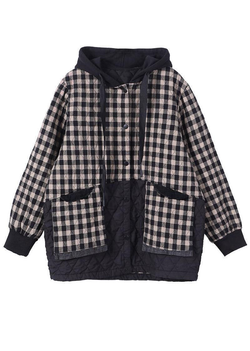 Unik Sort Plaid Oversize Fine Parka Hættetrøjer Outwear Vinterjakke - Sort