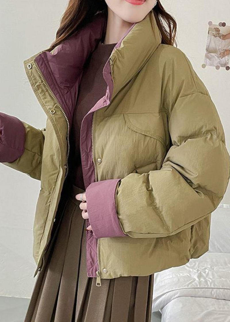 Unikke Khaki Stand-kravelommer Duck Down Winter Short Coats - Dame dunjakker