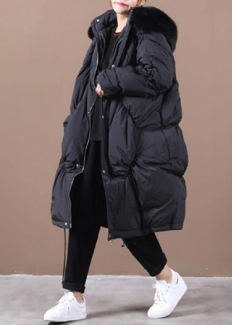 Varm Sort Dunjakke Kvinde Trendy Plus Size Vinter Hætte Cinched Luksus Outwear