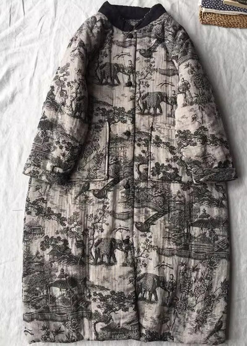 Vintage Abrikos Oversized Print Fine Bomuldsfyldte Lange Frakker Vinter