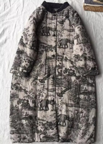 Vintage Abrikos Oversized Print Fine Bomuldsfyldte Lange Frakker Vinter