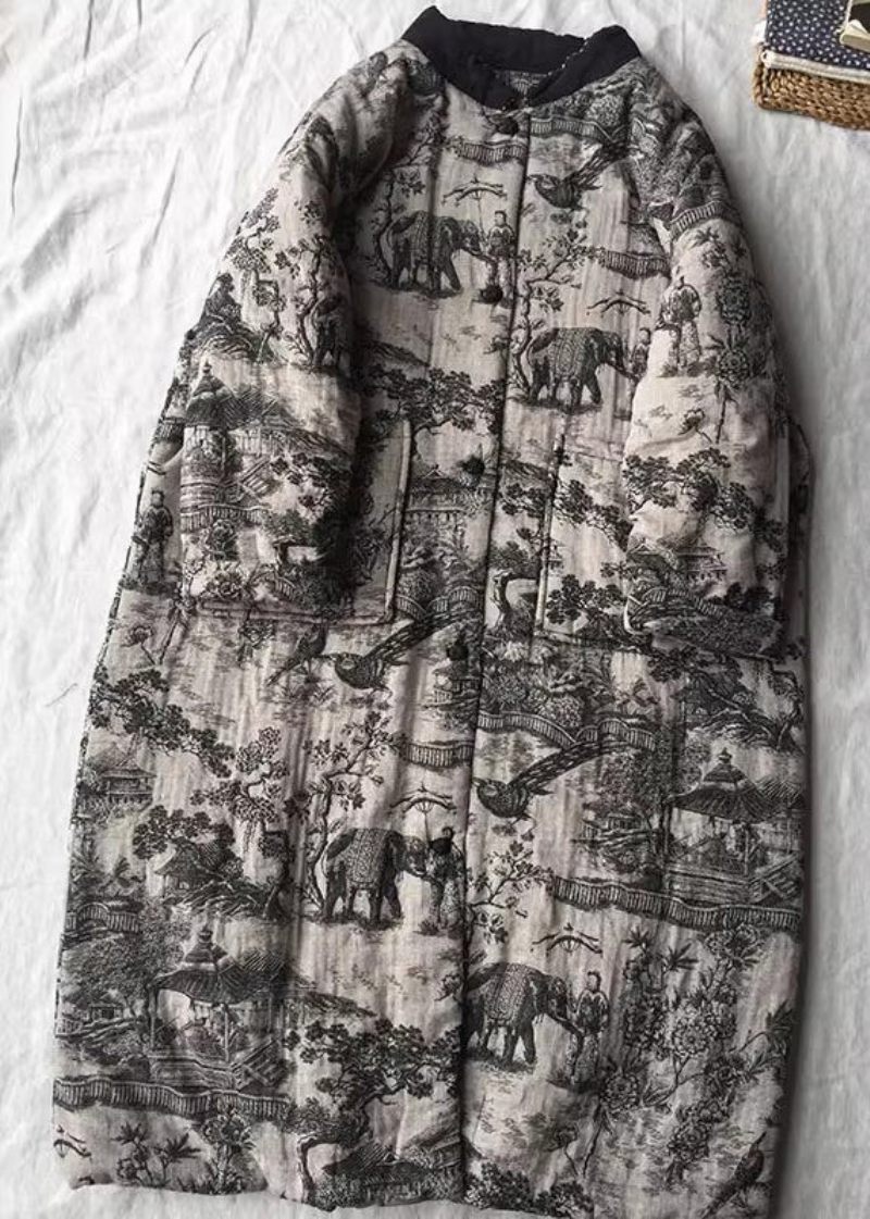 Vintage Abrikos Oversized Print Fine Bomuldsfyldte Lange Frakker Vinter - Dame dunjakker