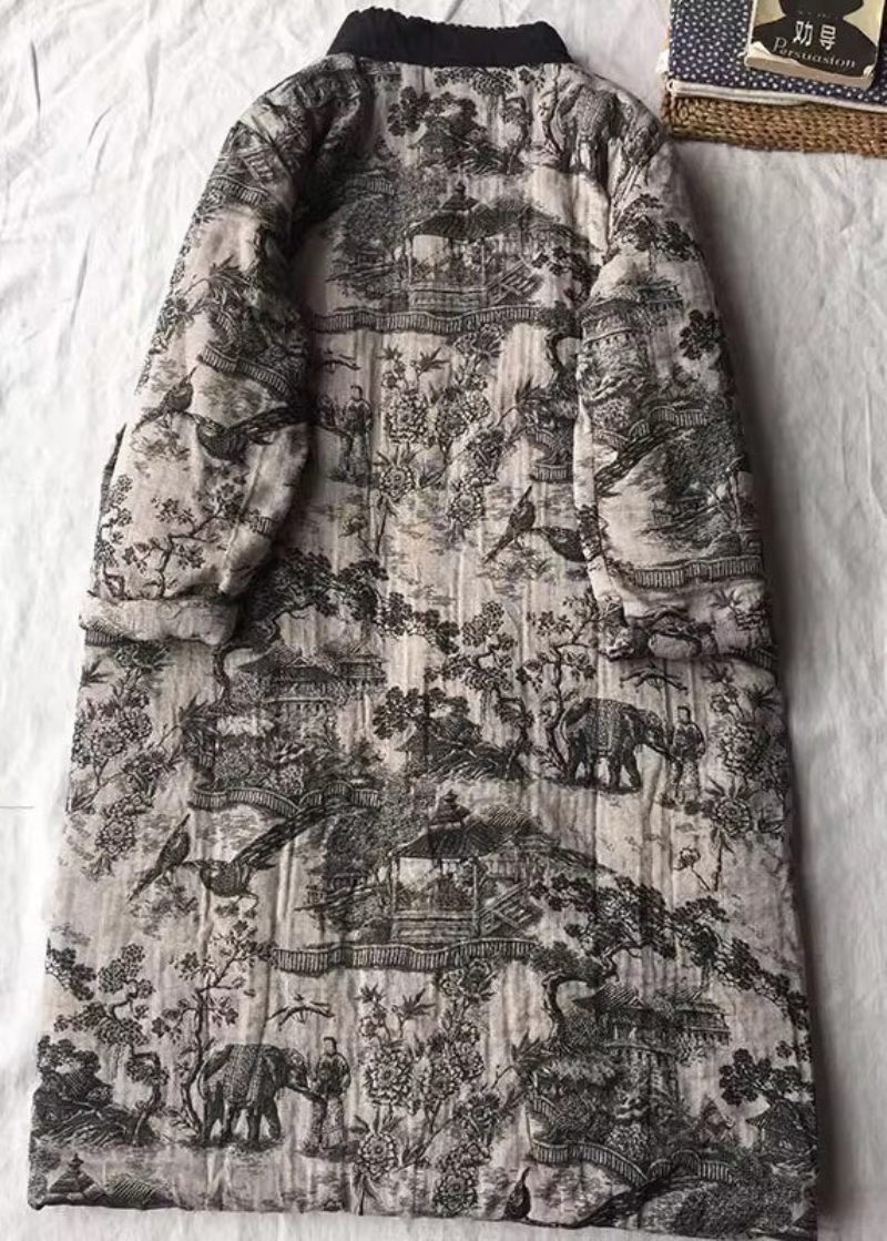 Vintage Abrikos Oversized Print Fine Bomuldsfyldte Lange Frakker Vinter - Dame dunjakker