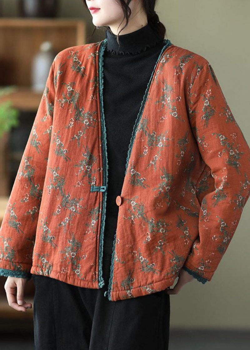 Vintage Orange V-hals Print Fin Bomuldsfyldt Cardigan Vinter