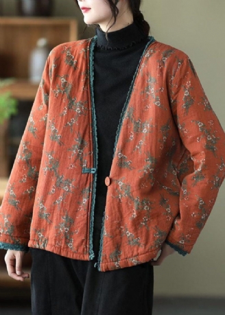 Vintage Orange V-hals Print Fin Bomuldsfyldt Cardigan Vinter