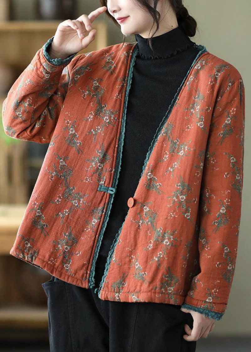 Vintage Orange V-hals Print Fin Bomuldsfyldt Cardigan Vinter - Dame dunjakker