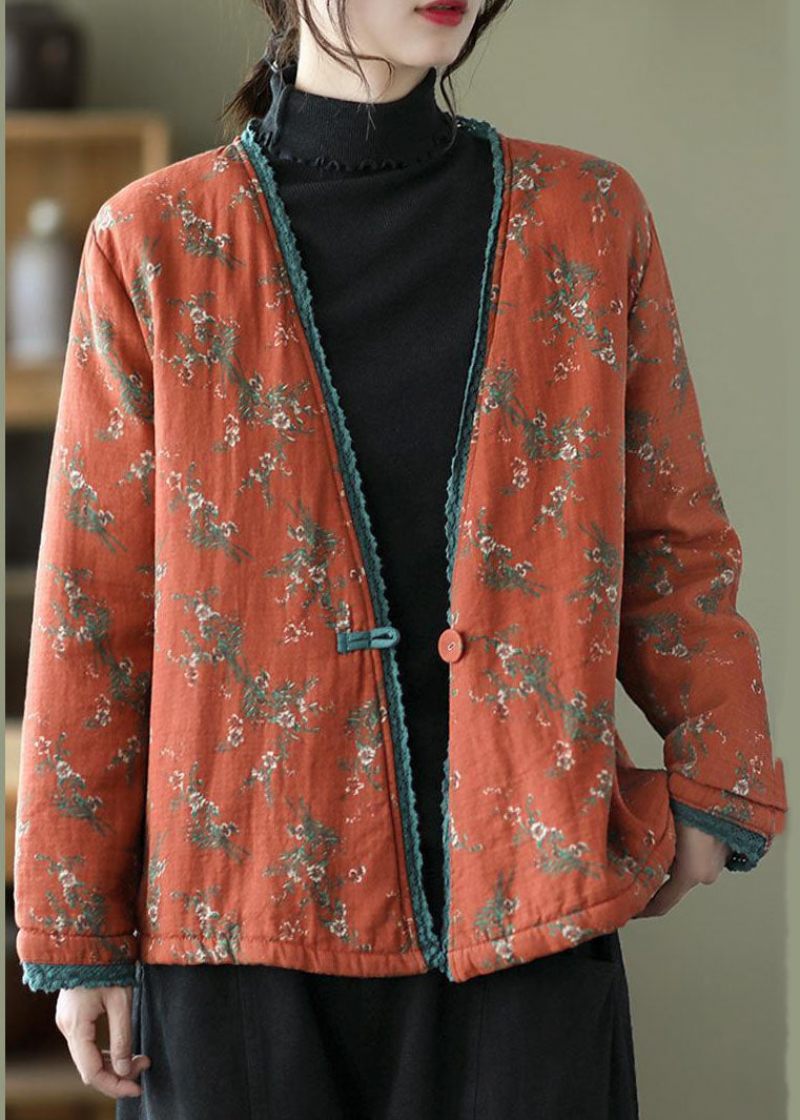 Vintage Orange V-hals Print Fin Bomuldsfyldt Cardigan Vinter - Dame dunjakker