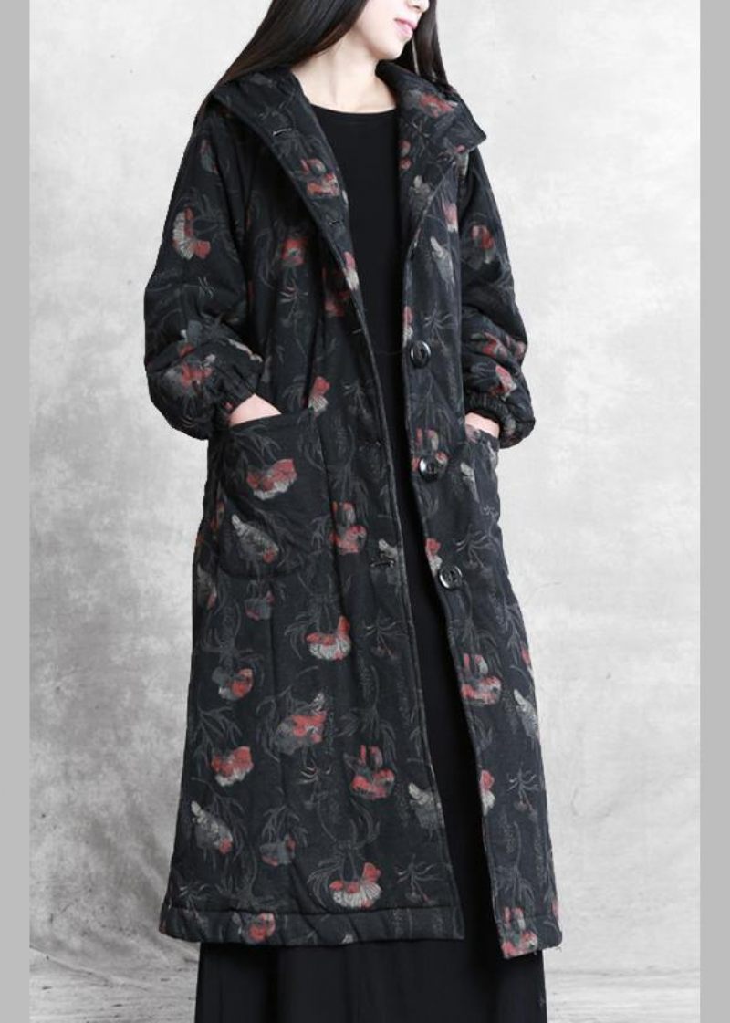 Vintage Oversize Trenchcoat Mørkegrå Print Med Hætte Button Down Uldfrakker - Dame dunjakker