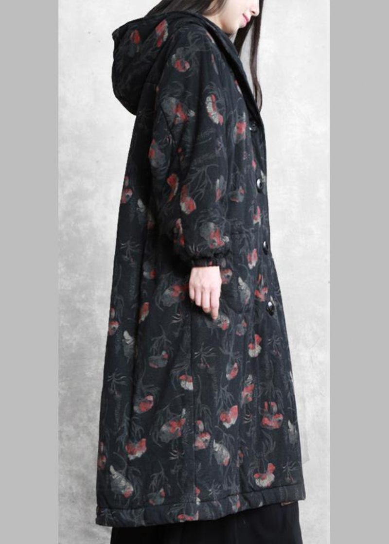 Vintage Oversize Trenchcoat Mørkegrå Print Med Hætte Button Down Uldfrakker - Dame dunjakker