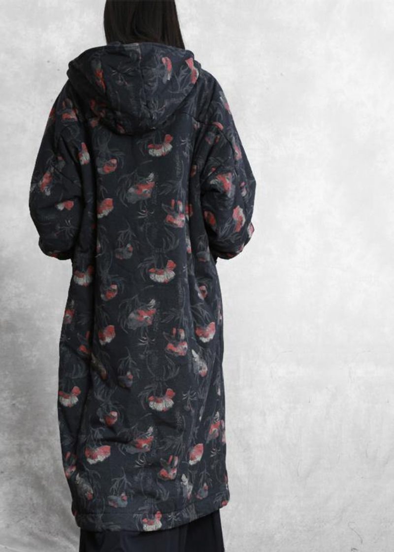 Vintage Oversize Trenchcoat Mørkegrå Print Med Hætte Button Down Uldfrakker - Dame dunjakker