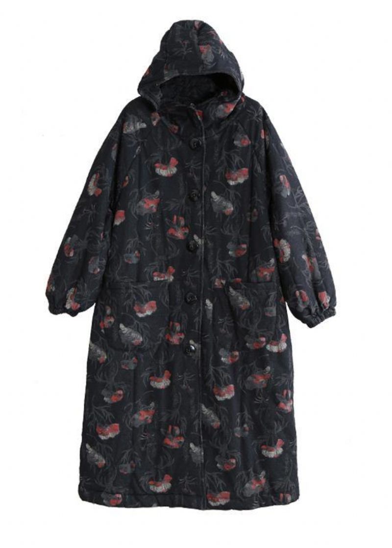 Vintage Oversize Trenchcoat Mørkegrå Print Med Hætte Button Down Uldfrakker - Dame dunjakker