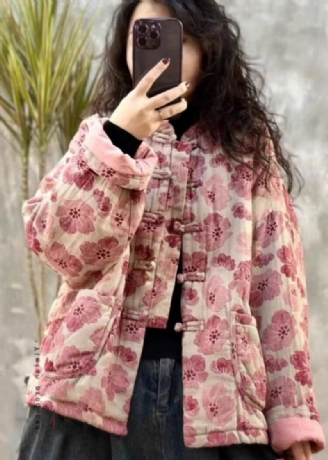 Vintage Pink Oversized Print Fine Bomuld Fyldt Parkaer Winter