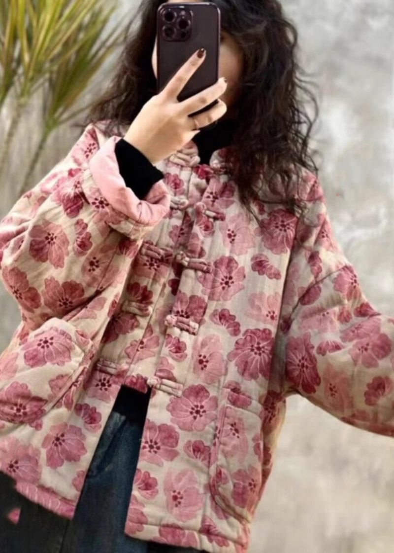 Vintage Pink Oversized Print Fine Bomuld Fyldt Parkaer Winter - Dame dunjakker