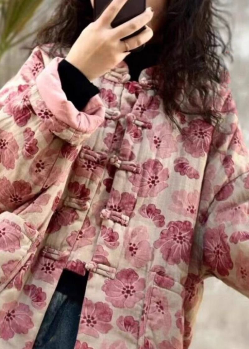 Vintage Pink Oversized Print Fine Bomuld Fyldt Parkaer Winter - Dame dunjakker