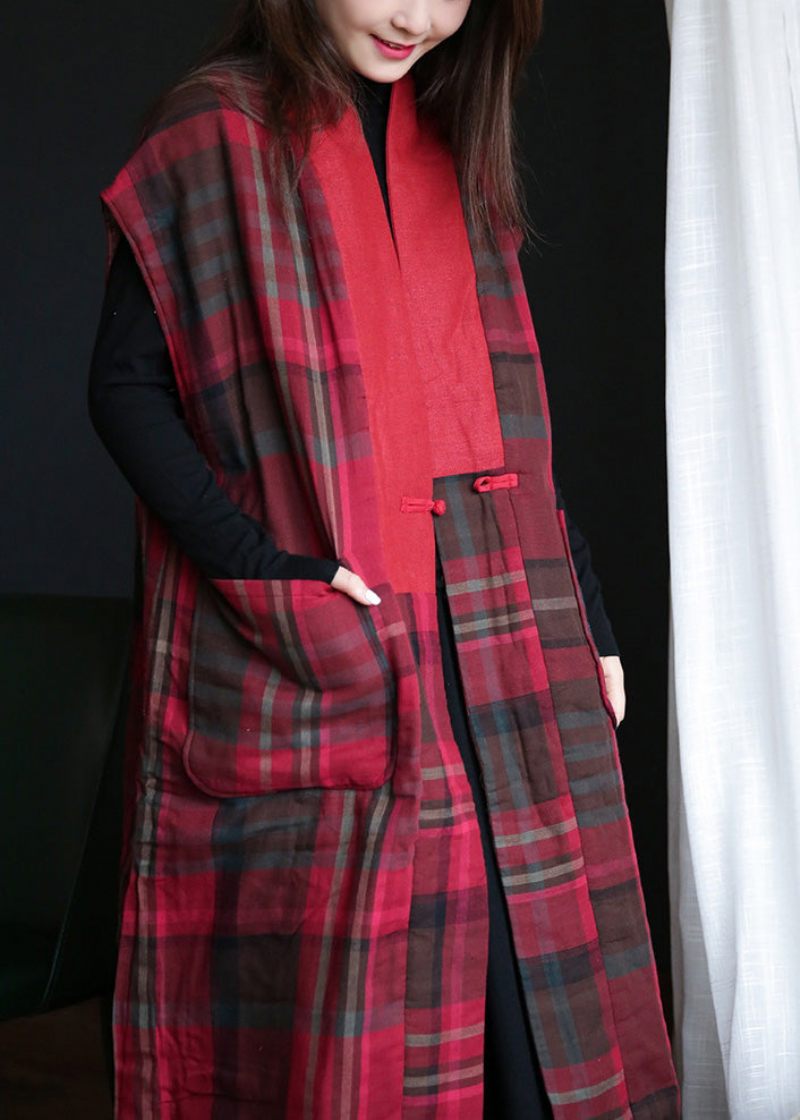 Vogue Rød V-hals Plaid Knap Varm Fleece Vest Vinter - Dame dunjakker