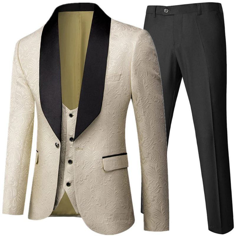 Banket Fjer Prægning Designer Blazer Jakke Bukser Vest Herredragt Frakke Bukse - Creme