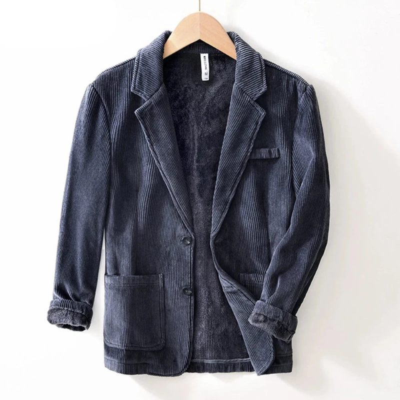 Corduroy Blazere Mænd Street Toppe Overtøj Vinter Plys Frakker Herre Stand Pocket Jacket - Brun