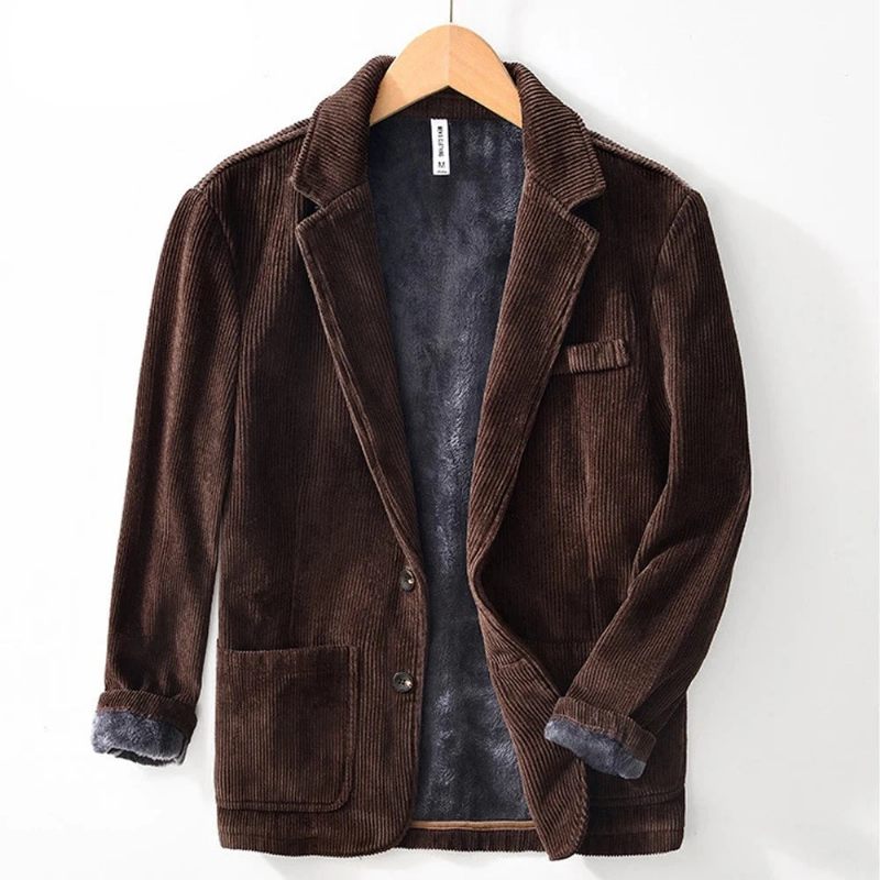 Corduroy Blazere Mænd Street Toppe Overtøj Vinter Plys Frakker Herre Stand Pocket Jacket - Brun