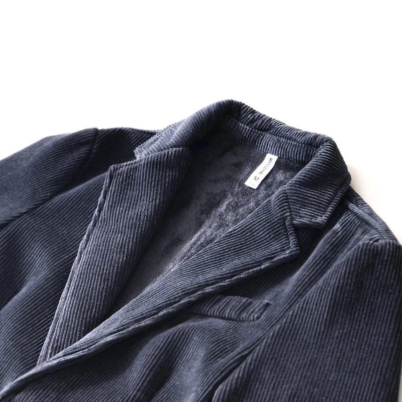 Corduroy Blazere Mænd Street Toppe Overtøj Vinter Plys Frakker Herre Stand Pocket Jacket - Brun