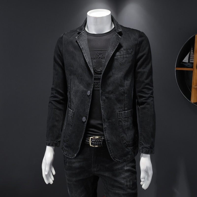 Denim Blazer Herre Jeans Slim Fit Cowboy Frakker Fritid Herredragt Jean Jakke Mænd Casual Frakke Enkeltknap Ny - Grå