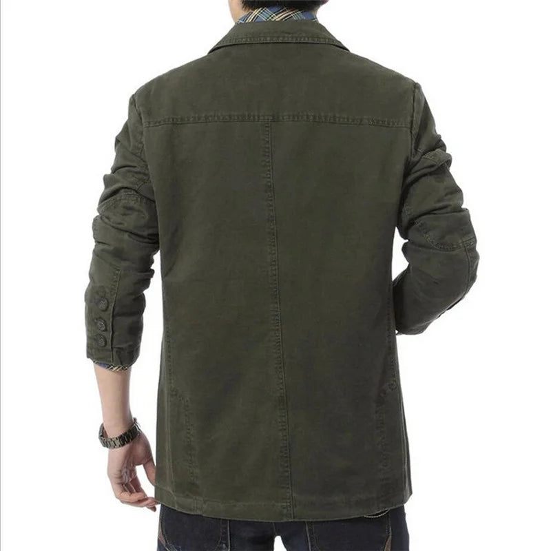 Forår Efterår Blazer Mænd Casual Bomuld Denim Jakker Slim Fit Luksus Suit Frakke Army Military Outwear - Sort