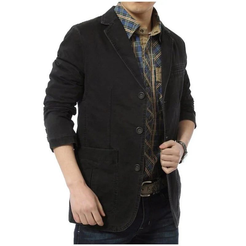 Forår Efterår Blazer Mænd Casual Bomuld Denim Jakker Slim Fit Luksus Suit Frakke Army Military Outwear - Sort