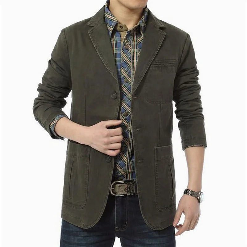 Forår Efterår Blazer Mænd Casual Bomuld Denim Jakker Slim Fit Luksus Suit Frakke Army Military Outwear - Sort