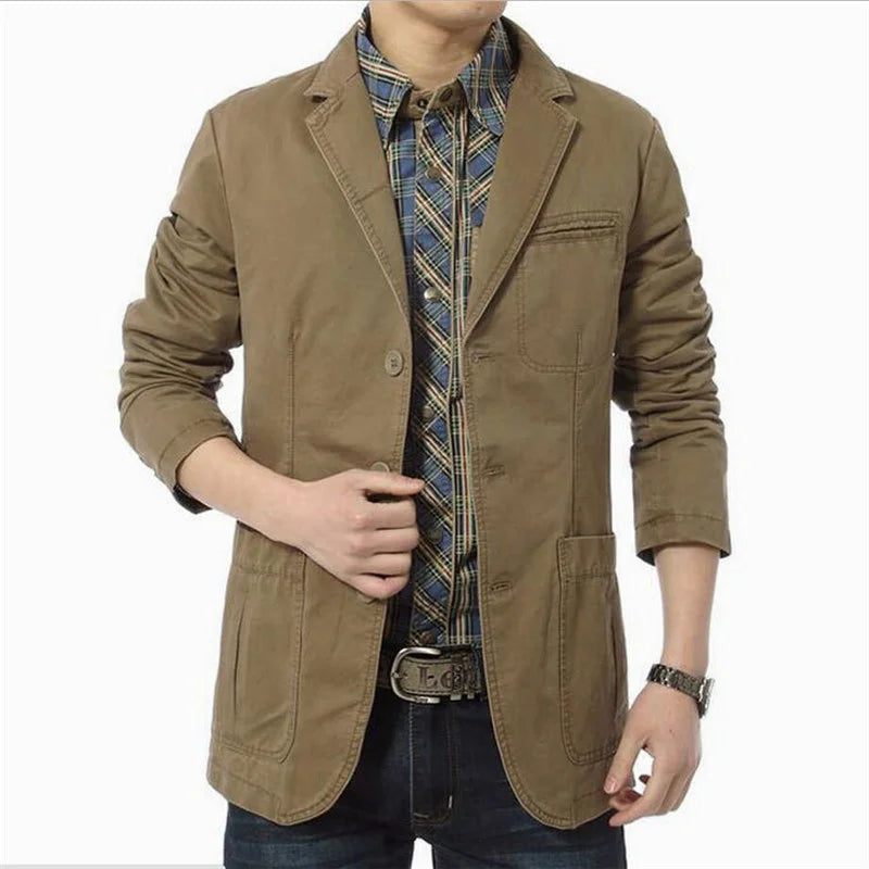 Forår Efterår Blazer Mænd Casual Bomuld Denim Jakker Slim Fit Luksus Suit Frakke Army Military Outwear - Sort