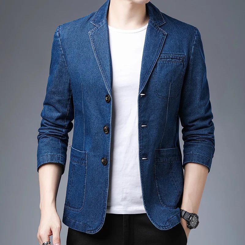 Mænds Britisk Stil Leisure Slim Version Af The Trend Solid Denim Komfortabel Blazer - Sort