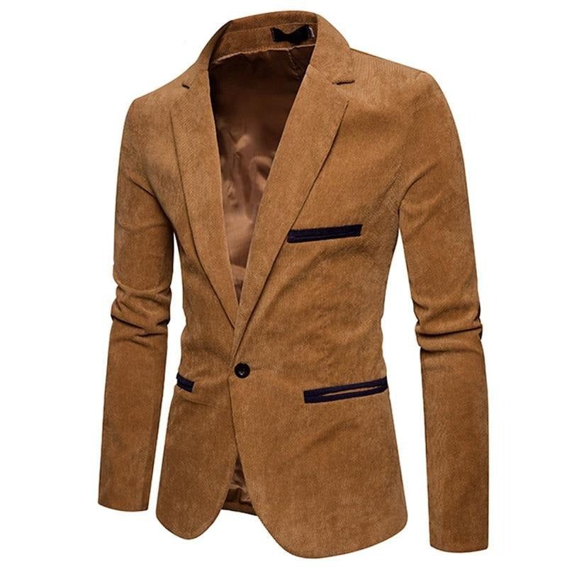 Ny Casual Herre Blazer Corduroy Patchwork Business One Button Slim Fit Herredragter Jakke Blazere - Khaki