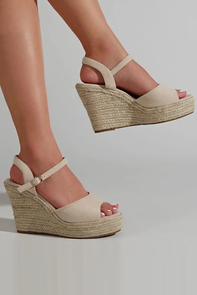 Forår Sommer Halmsandaler Europa Stil Retro Wedge Højhælede Dame Enkeltsko Et Spænde