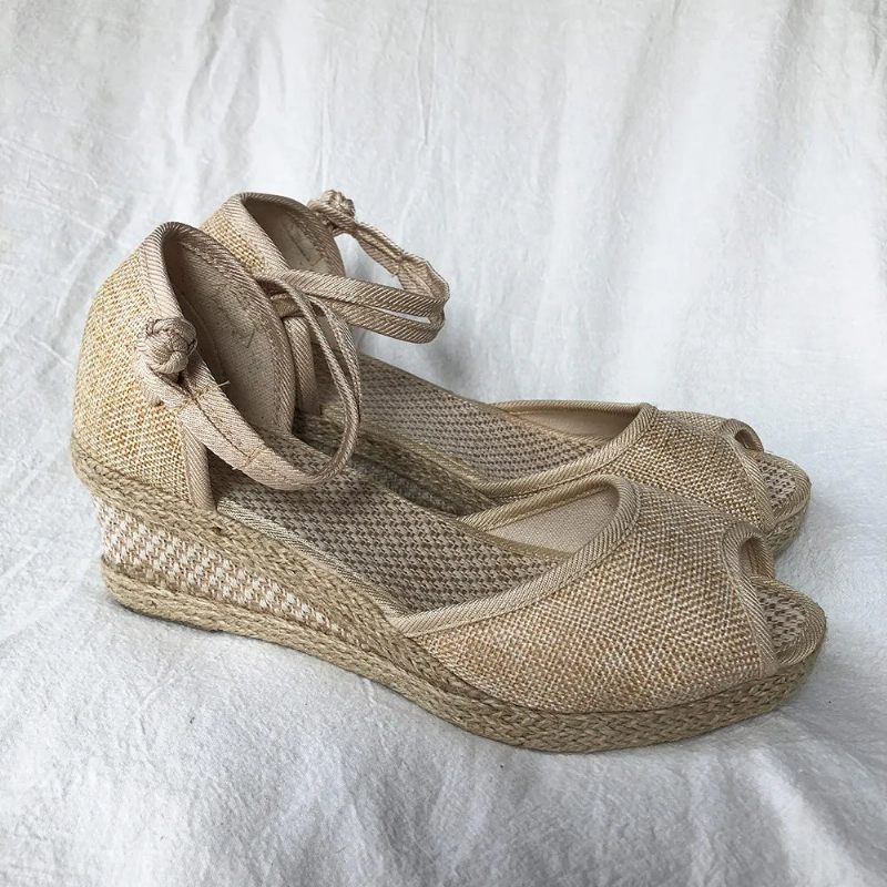 Håndlavede Kvinder Almindeligt Linned Peep Toe Sandaler Platform 5 cm Hæl Komfort Bohemian Dame Sommersko - Beige