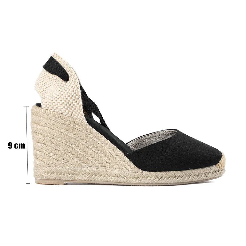 Kvinder Sommer Espadrille Hæl Kilesandaler Lukket Tå Sko Krydsbundet Snørebånd - 9Cm Sort