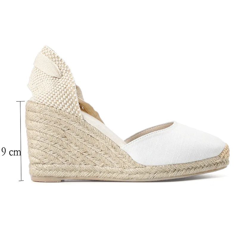 Kvinder Sommer Espadrille Hæl Kilesandaler Lukket Tå Sko Krydsbundet Snørebånd - 9Cm Sort