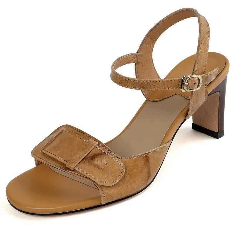 Vintage Lædersandaler Damespænde Sommersandaler Tykke Højhælede Slingbacks Damesandaler - Khaki