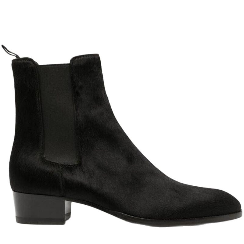 Ægte Pels Slip On Dress Bryllup Business Luksus Håndlavede Wedge Chelsea Boots - Sort