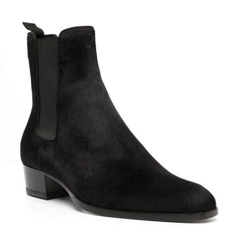 Ægte Pels Slip On Dress Bryllup Business Luksus Håndlavede Wedge Chelsea Boots - Sort