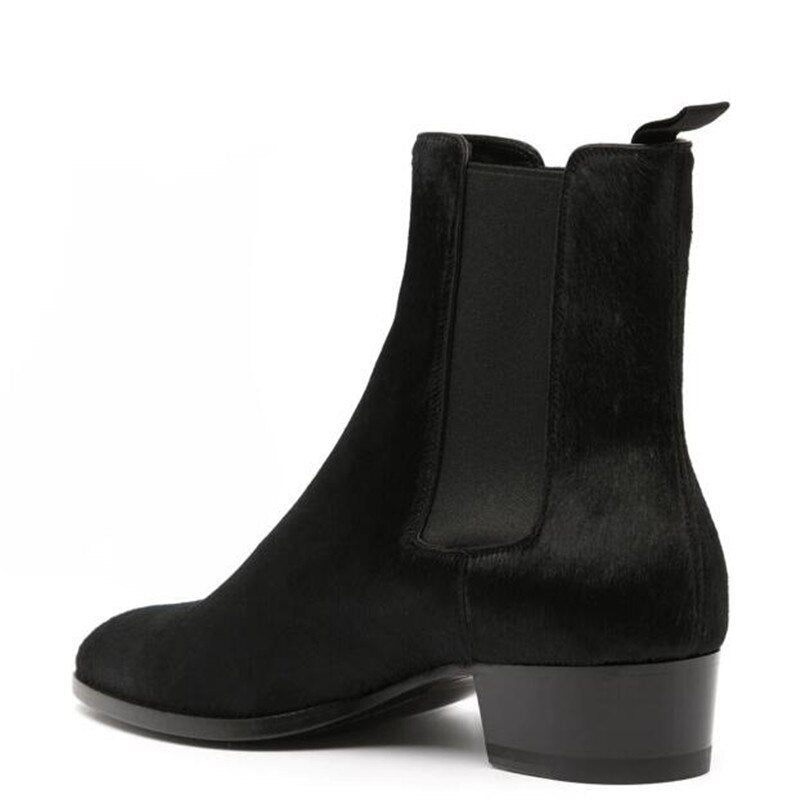 Ægte Pels Slip On Dress Bryllup Business Luksus Håndlavede Wedge Chelsea Boots - Sort