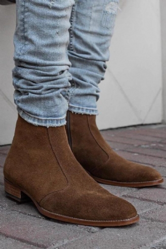 Chelsea Boots Mænd Solid Lav Hæl Side Lynlås Støvler Professionelle Klassiske Denim