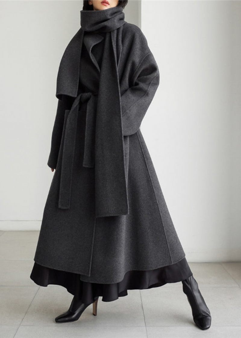 Art Black Notched Lommer Woolen Coats Langærmet