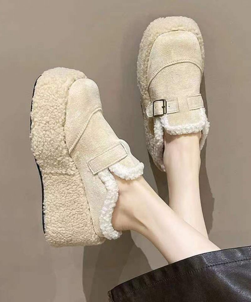 Beige Fuzzy Uld Foret Hjemmesko Sko Platform Kilehæle