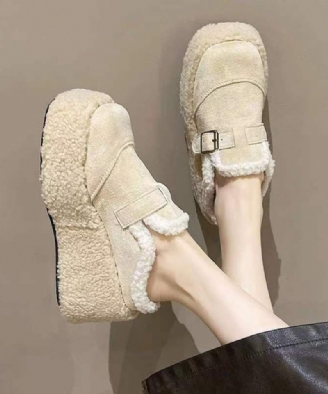 Beige Fuzzy Uld Foret Hjemmesko Sko Platform Kilehæle