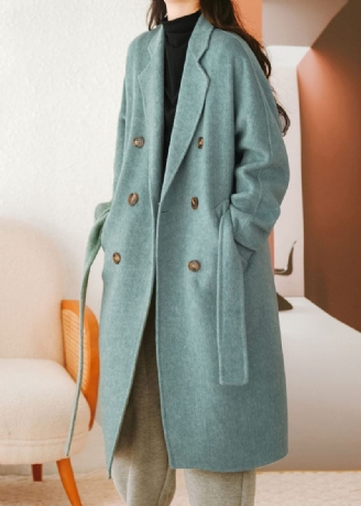 Blue Woolen Coat Sashes Double Breast Fall