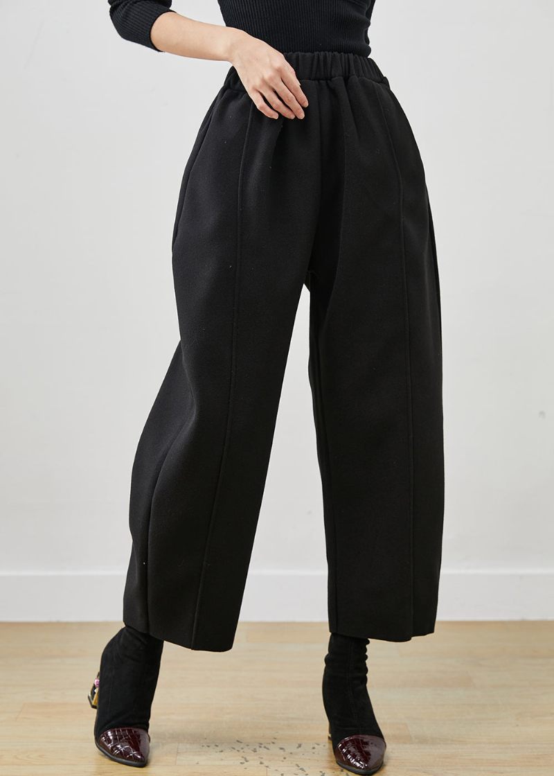 Bohemian Black Oversized Elastisk Talje Ulden Crop Pants Forår